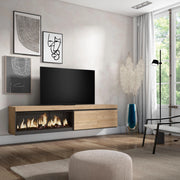 Mobile TV Soggiorno, 208x35x45cm, Per TV fino a 80", Camino elettrico XXL, da appendere, colore Rovere RF3279
