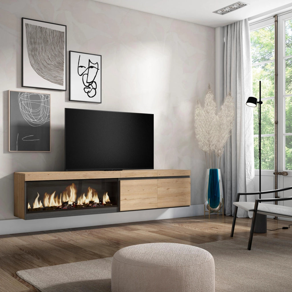 Mobile TV Soggiorno, 208x35x45cm, Per TV fino a 80", Camino elettrico XXL, da appendere, colore Rovere RF3279