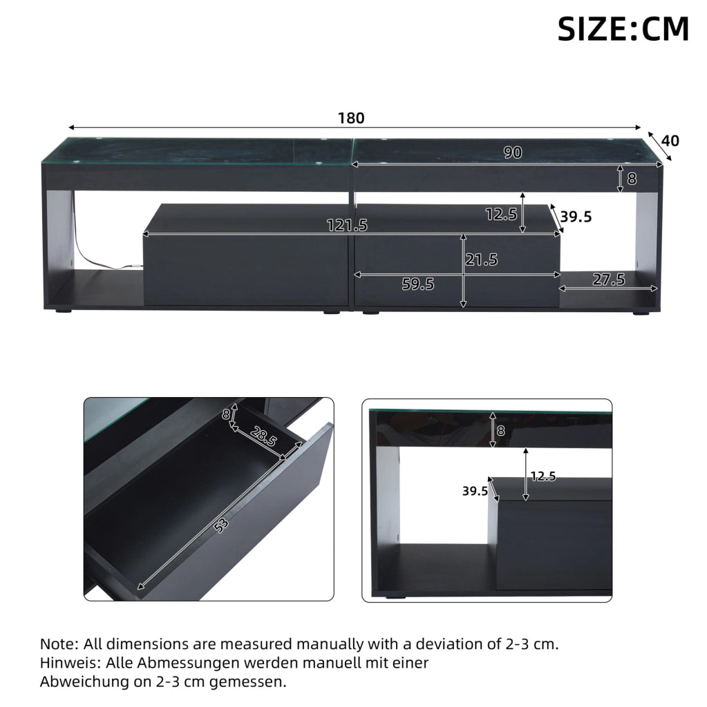 Mobile TV nero lucido con LED, 2 cassetti e piano in vetro temperato
