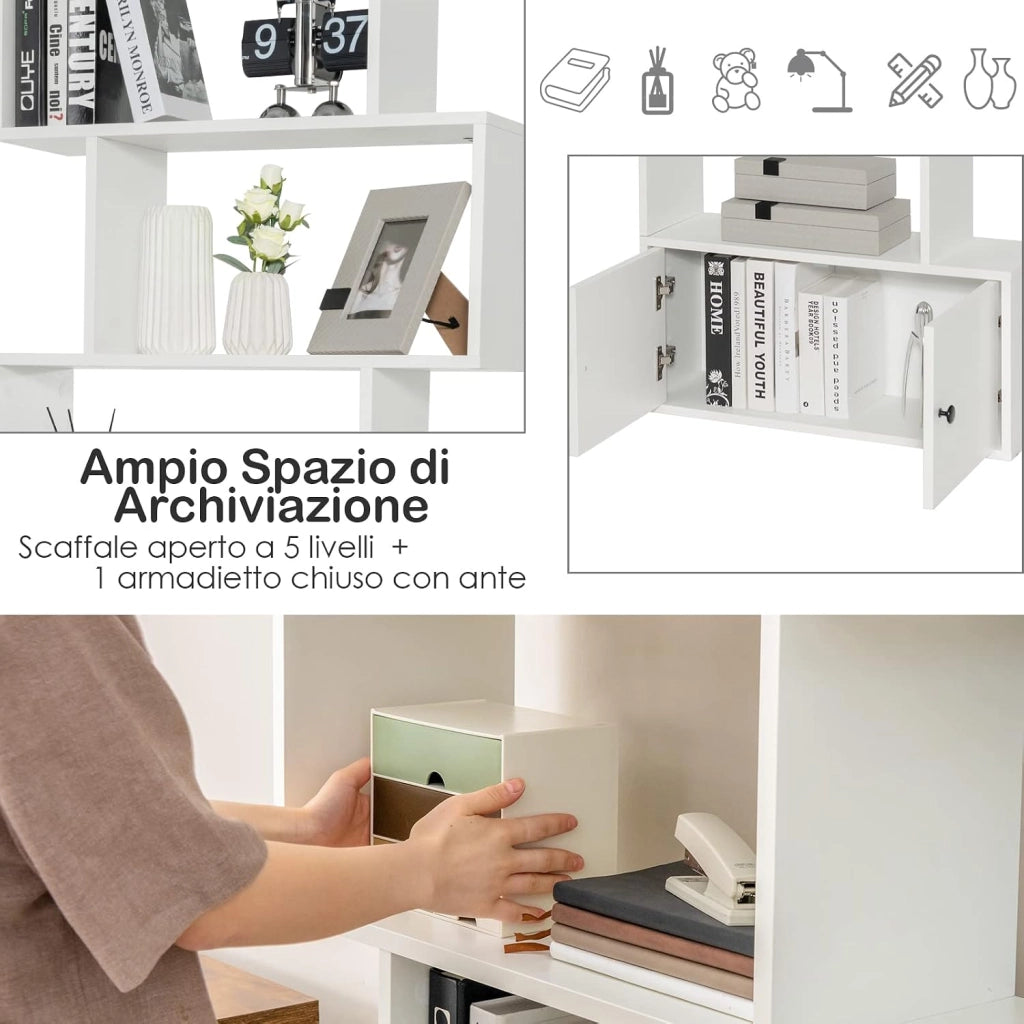 Libreria Scaffale in Legno, Libreria Verticale a 5 Livelli, Forma di S, Divisorio per Stanza con 2 Ante, per Soggiorno, Camera da Letto, 70 x 23 x 183 cm (Bianco)