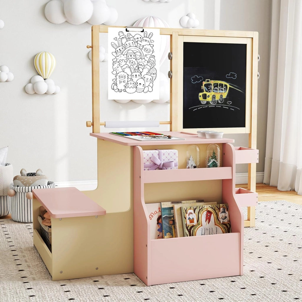 Set 3 in 1 Tavolo e Sedie per Bambini 3+ Anni, Tavolo in Legno Sicuro con Lavagna Cancellabile, Magnetica, Cavalletto Regolabile, Libreria e Accessori Artistici, per Disegno (Rosa)