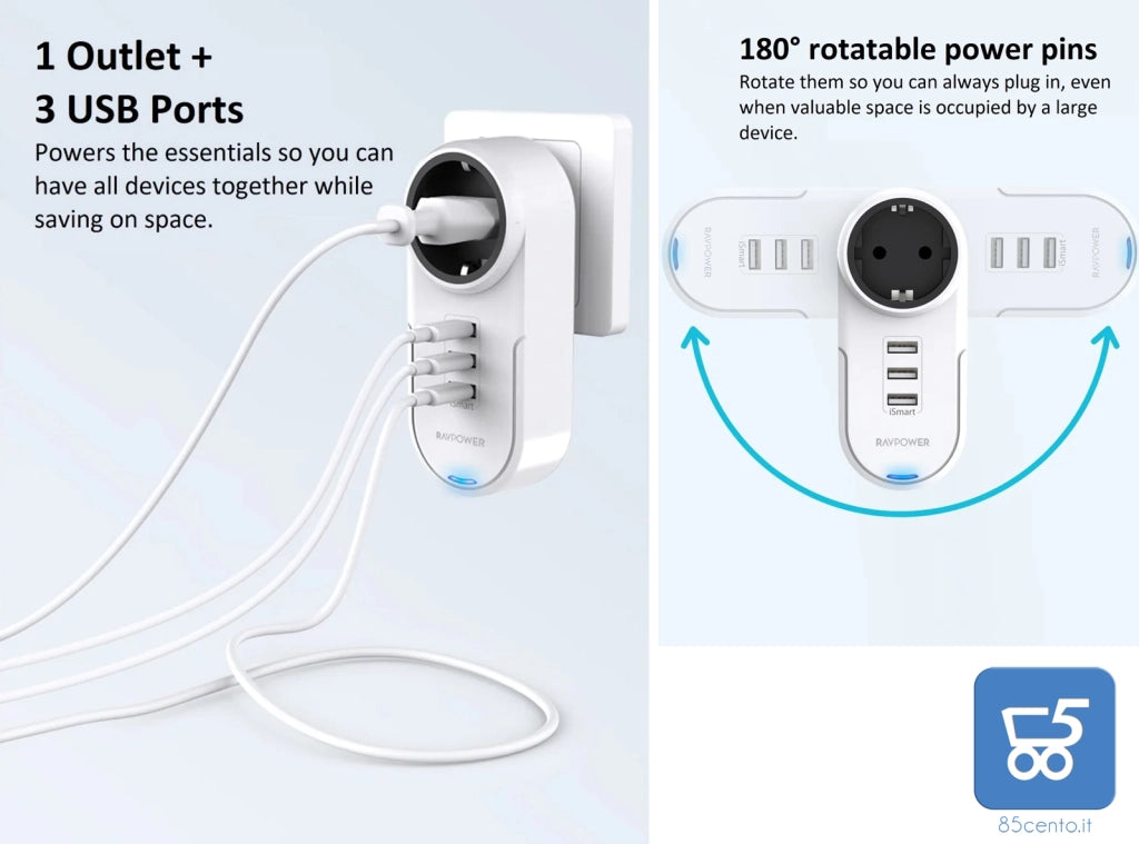 Adattatore 230V 16A con Presa Schuko 3 ingressi USB 3,4A Totale 5V da Parete