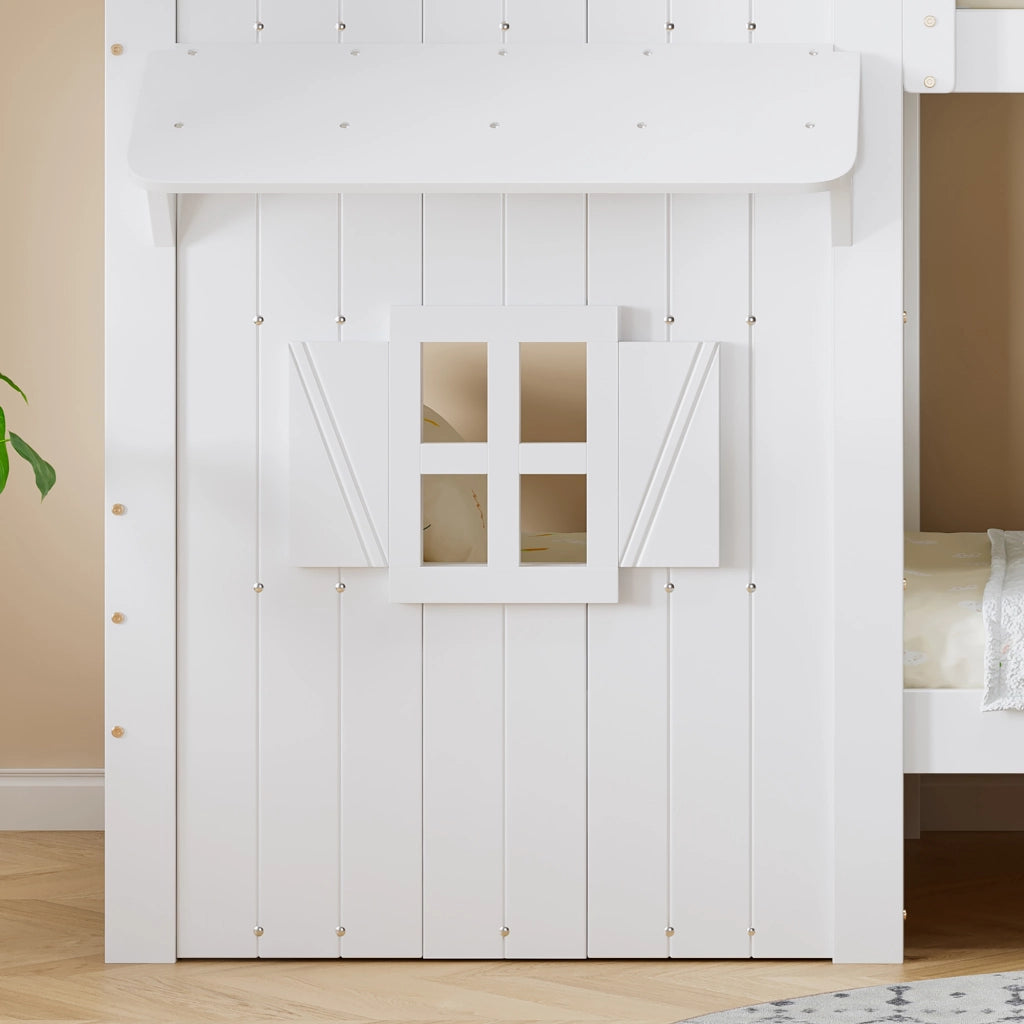 Letto a Castello 90 x 200 cm; Letto per Bambini - con Tetto e Finestre - Bianco