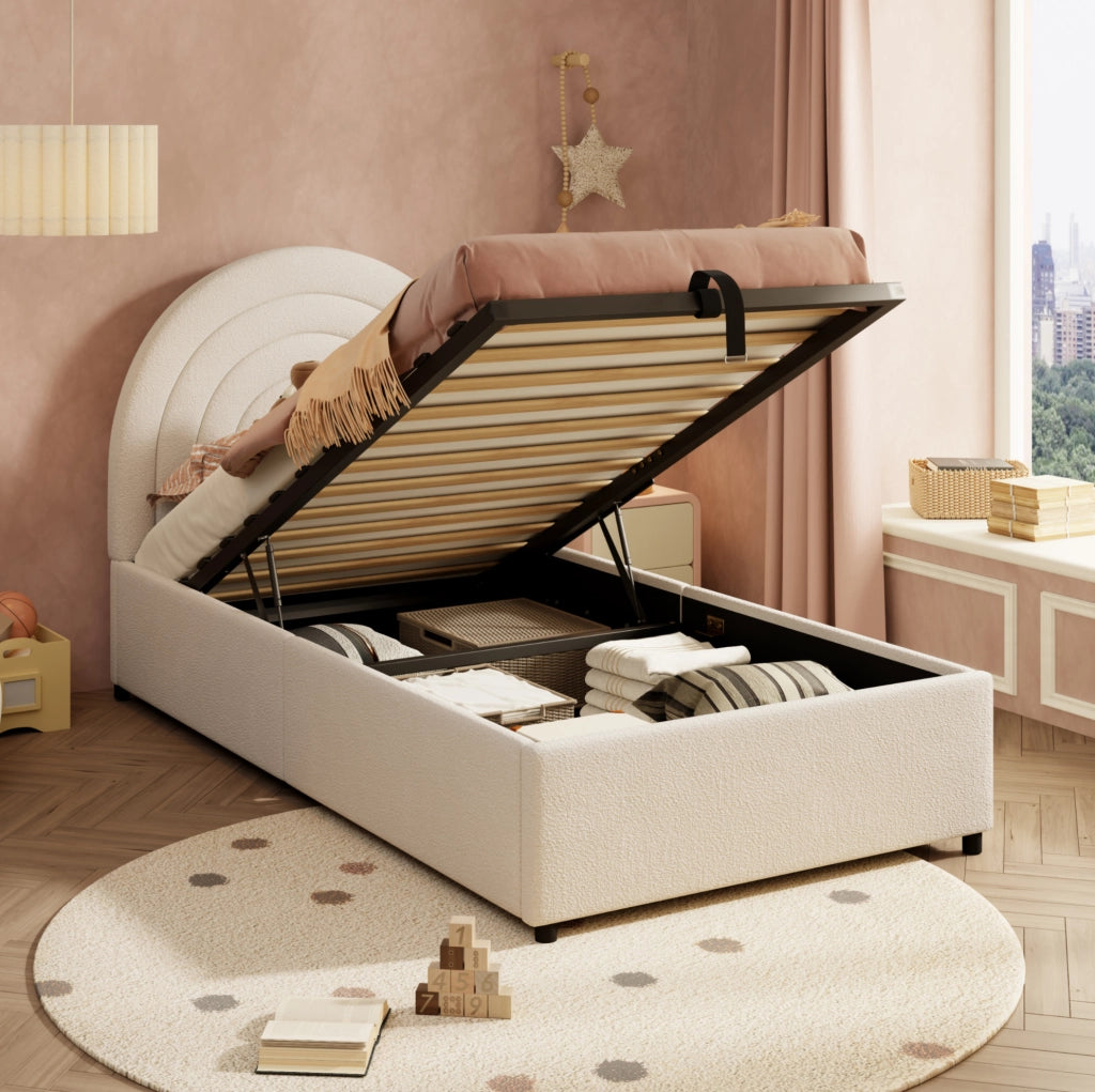 Letto singolo 90x200 cm con contenitore idraulico; tessuto bouclé beige