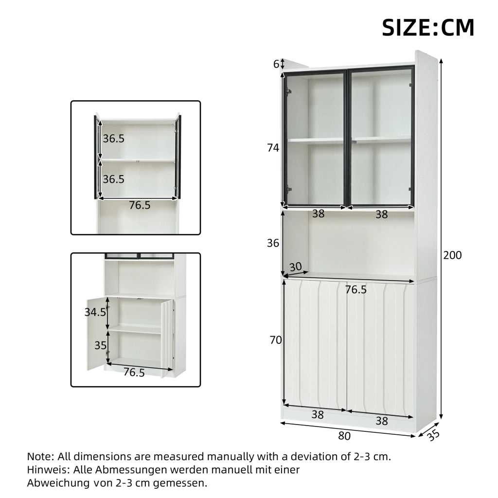 Vetrina alta con LED e 4 ante in vetro temperato, 5 vani e ripiani regolabili, bianco 80 × 35 × 200 cm