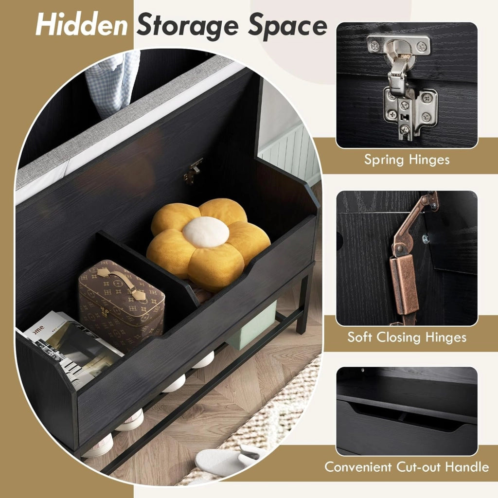 Appendiabiti con Panca Integrata, 3 Ganci + 2 Cubi Portascarpe & Ripiano Nascosto, Armadio Ingresso Multifunzionale 90x38x170cm, Design Elegante per Corridoio e Soggiorno, Facile Assemblaggio