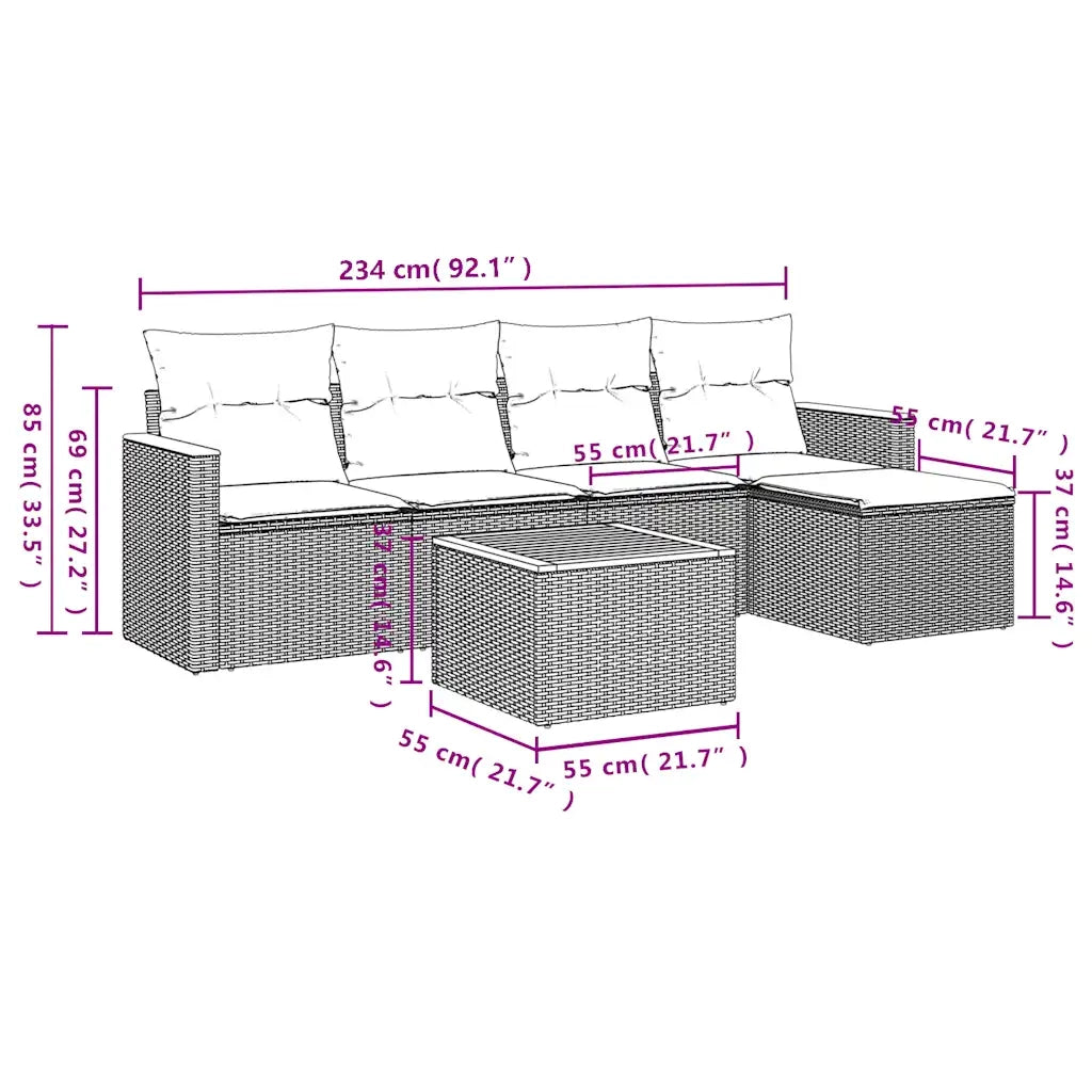 Set Divani da Giardino 6 pz con Cuscini Nero in Polyrattan 3225924