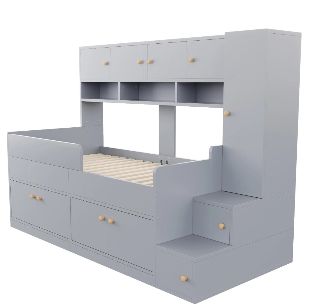 Letto a soppalco per bambini 90x200 cm con armadio; vani contenitore; LED e barriera; grigio