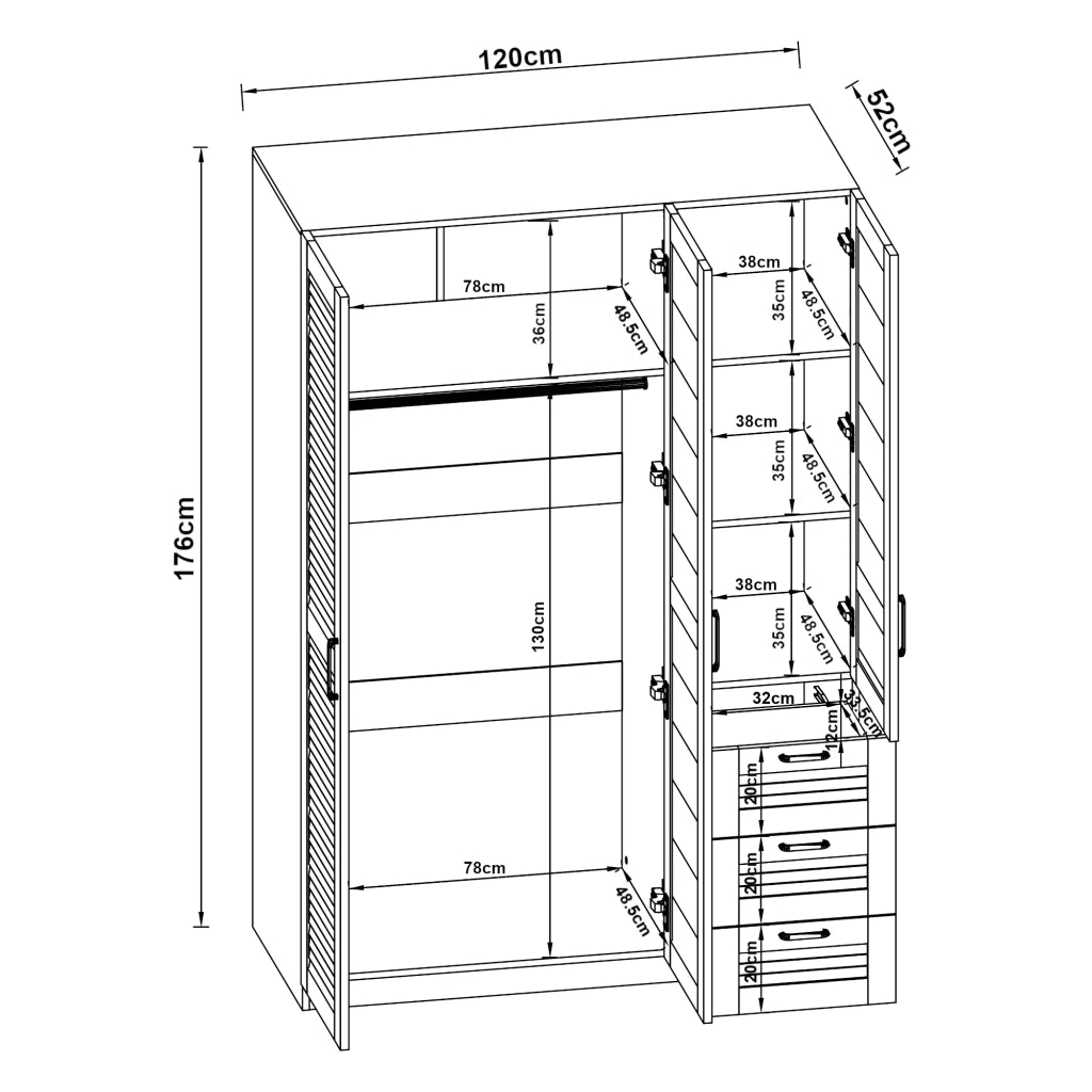 Mobile contenitore per camera da letto con 4 ripiani e 3 cassetti MDF 176 x 120 x 52 cm bianco 03_0008870