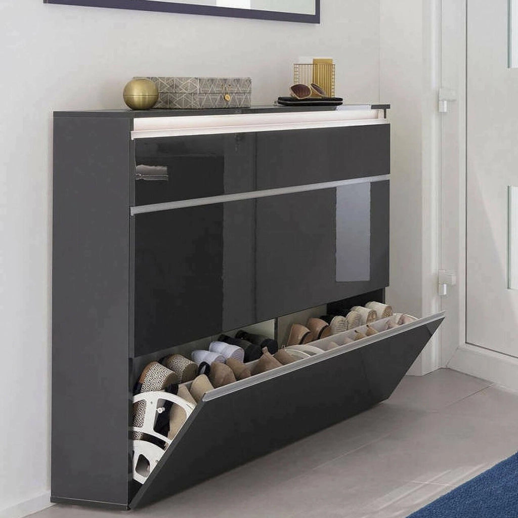 Mobile Portascarpe Amuri, Scarpiera 24 Paia Made in Italy, 120x27x108h cm Nero Antracite Lucido
