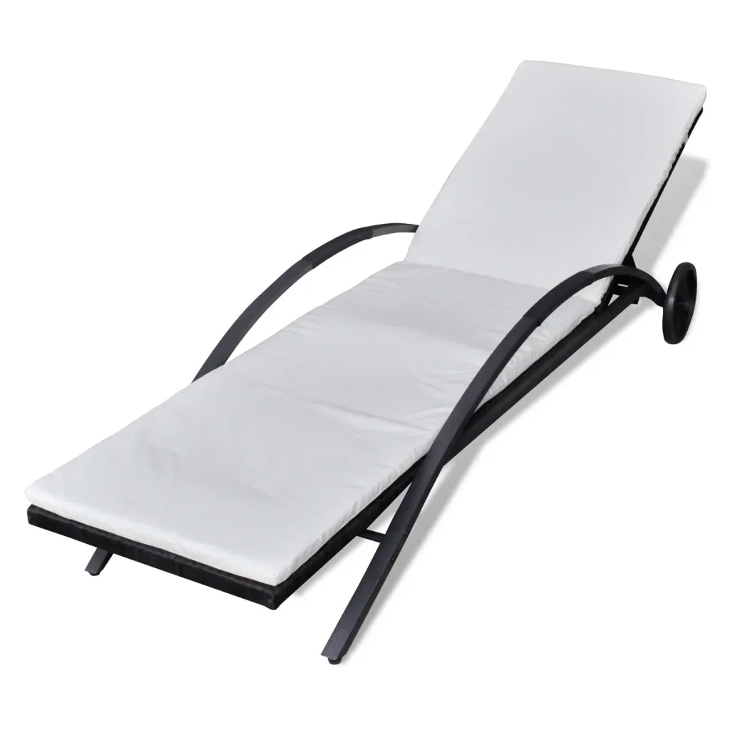 Lettino Prendisole | Sdraio da giardino | Lettino da sole con Cuscino e Ruote in Polyrattan Nero