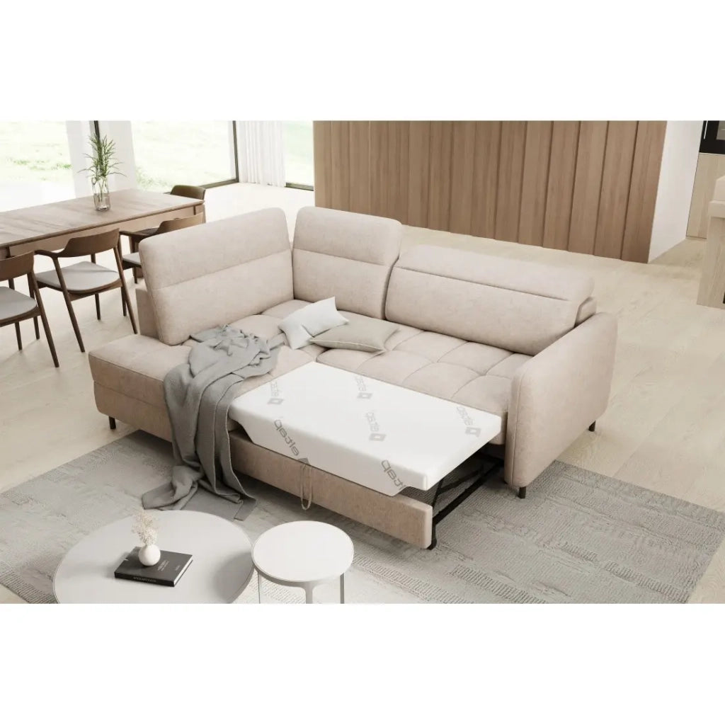 Divano ad angolo sinistro convertibile BARNEA 208 cm crema con contenitore