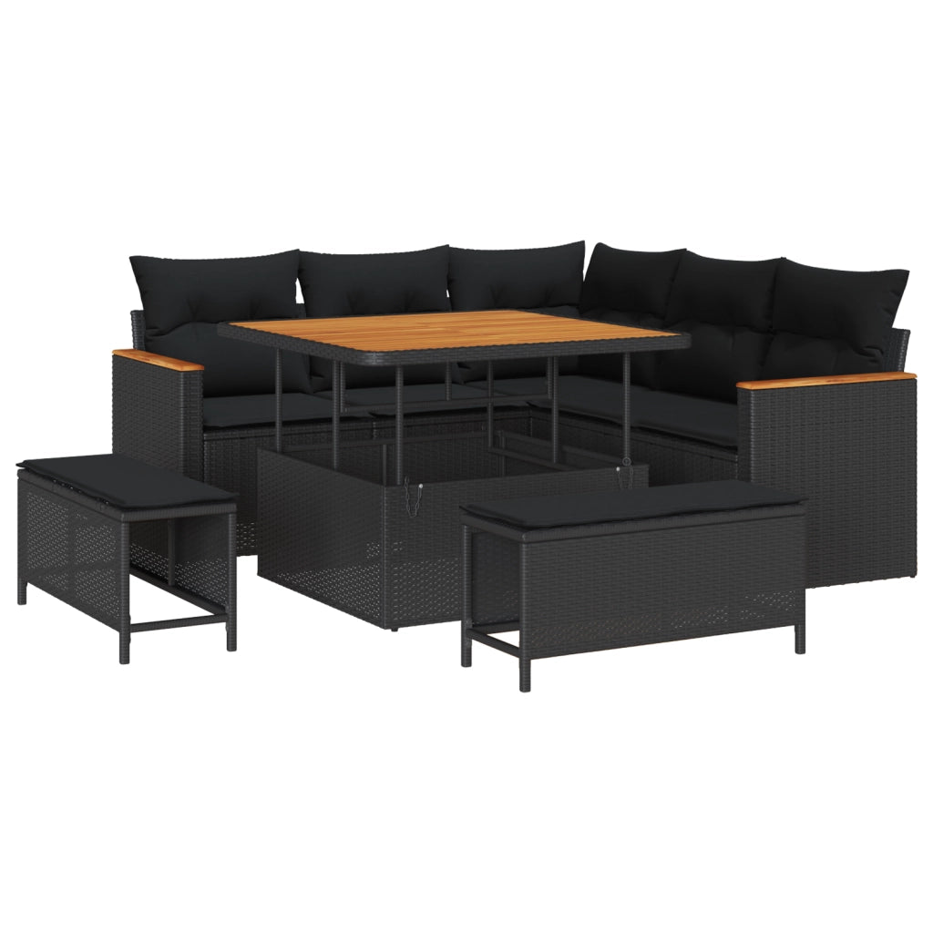 Set di divani da giardino  8 Pezzi con Cuscini Nero Polyrattan Acacia