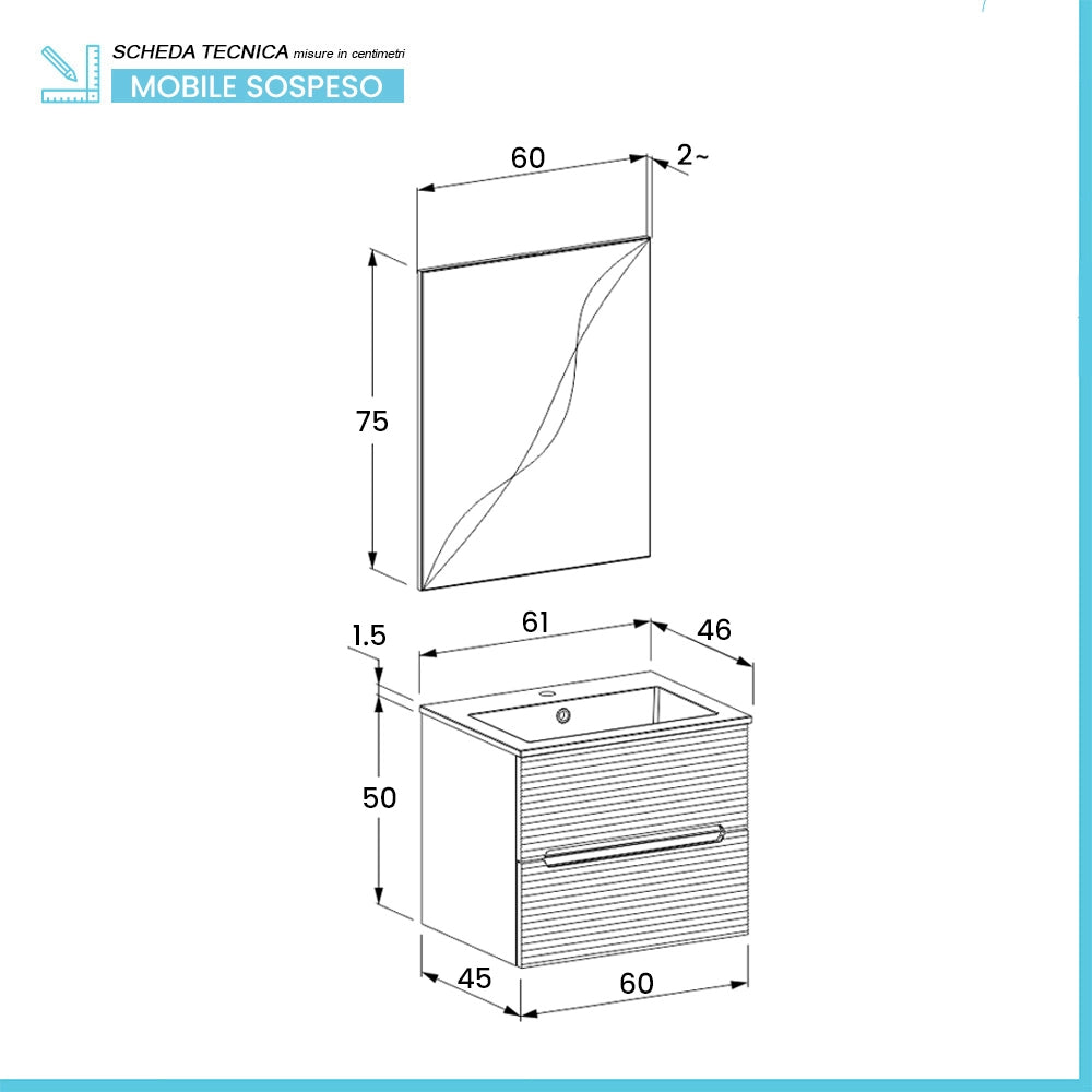 Mobile bagno sospeso 60 verde cannettato 2 cassetti lavabo e specchio Rigo