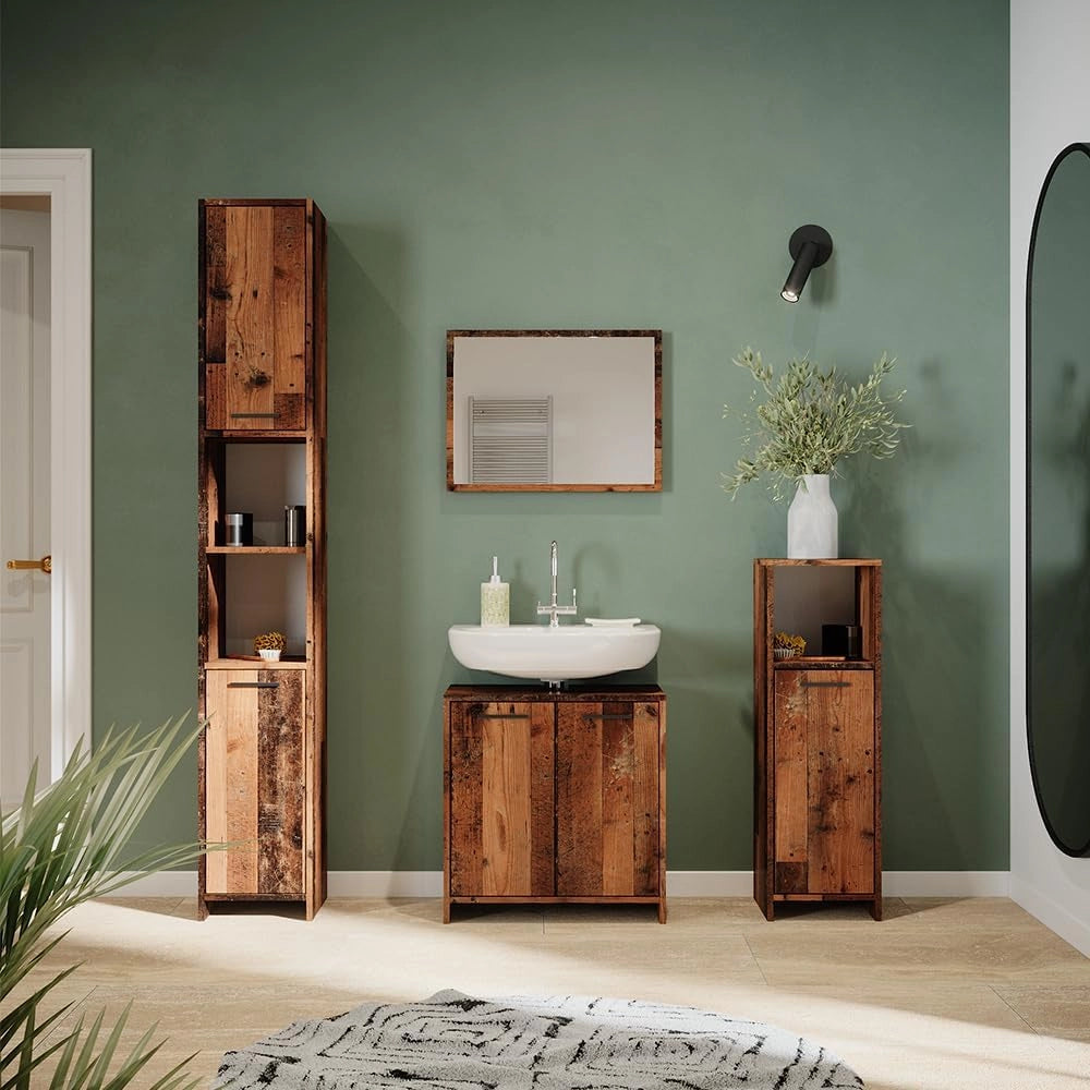 Mobiletto bagno Kiko, Rovere rustico, 30 x 95 cm, combinabile con la serie Kiko per la conservazione in bagno