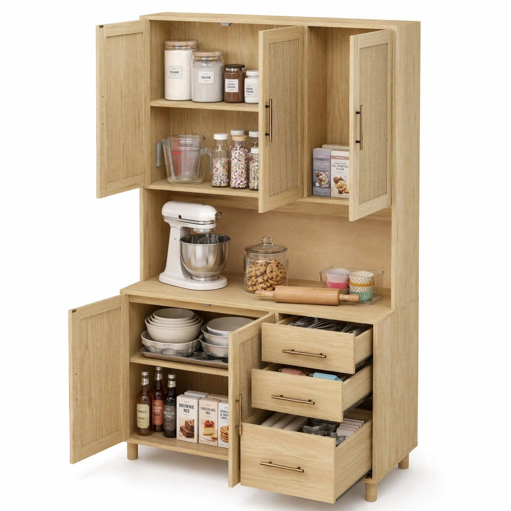 Credenza da cucina 183 cm con LED RGB, 2 prese e porta USB, ripiani regolabili e 3 cassetti