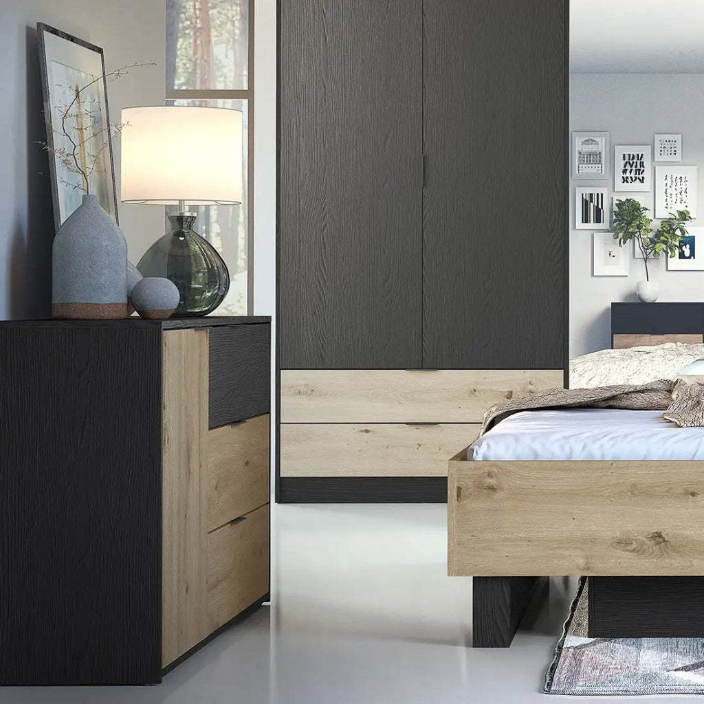 Cassettiera MELODY - 3 Cassetti e 1 Porta - 139x80x35 cm - Nero grafite e rovere chiaro