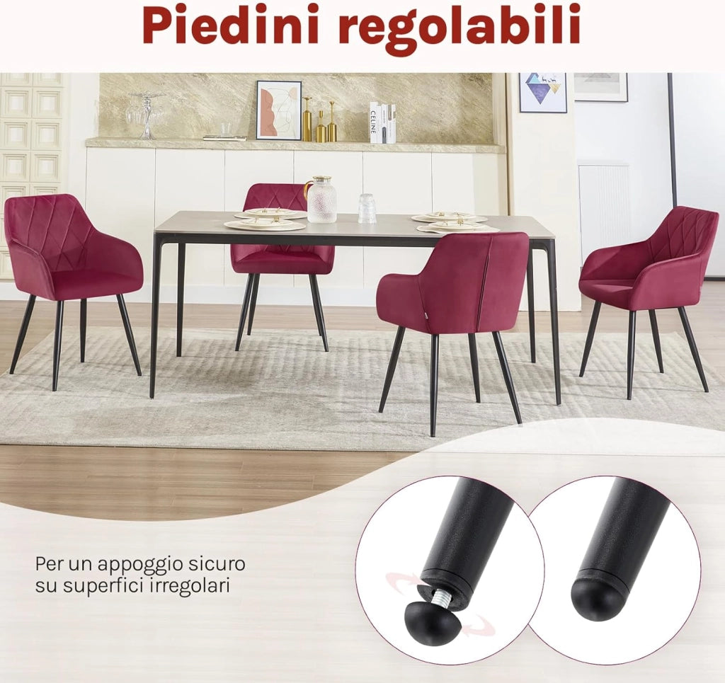 Set di 4 Sedie per Sala da Pranzo Imbottita, Poltroncina in Velluto,Sedia da Cucina con Braccioli e Schienale, Gambe in Metallo, Bordeaux, BH352bd-4