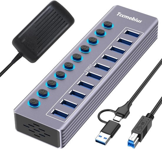 Hub USB con alimentazione - Hub USB - Hub USB alimentato - Divisore USB - Più porte USB - Caricamento e trasferimento dati - Laptop e PC - Lavoro da casa - Ufficio - Accessori - Universale