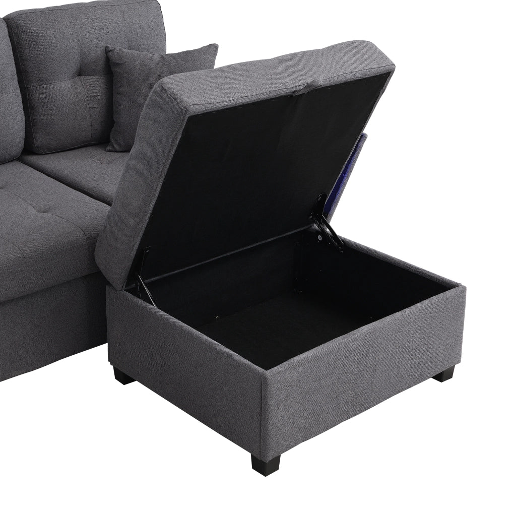 Divano modulare angolare 4 posti - con pouf contenitore; LED e porte USB - in lino - grigio antico