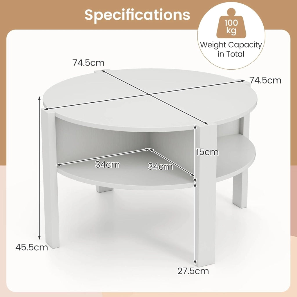 Tavolino Rotondo a 2 Livelli, Tavolo da Centro con Superficie Ampia, 4 Scomparti Inferiori e Piedi Elevati, Tavolo da Caffè & Tè per Soggiorno, Studio, Camera da Letto, Marrone/Bianco