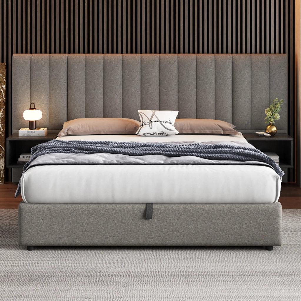 Letto matrimoniale 160x200 cm con contenitore idraulico e 2 comodini; in lino grigio e nero