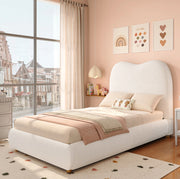 Letto per bambini imbottito con vano contenitore e rete a doghe; tessuto bouclé beige