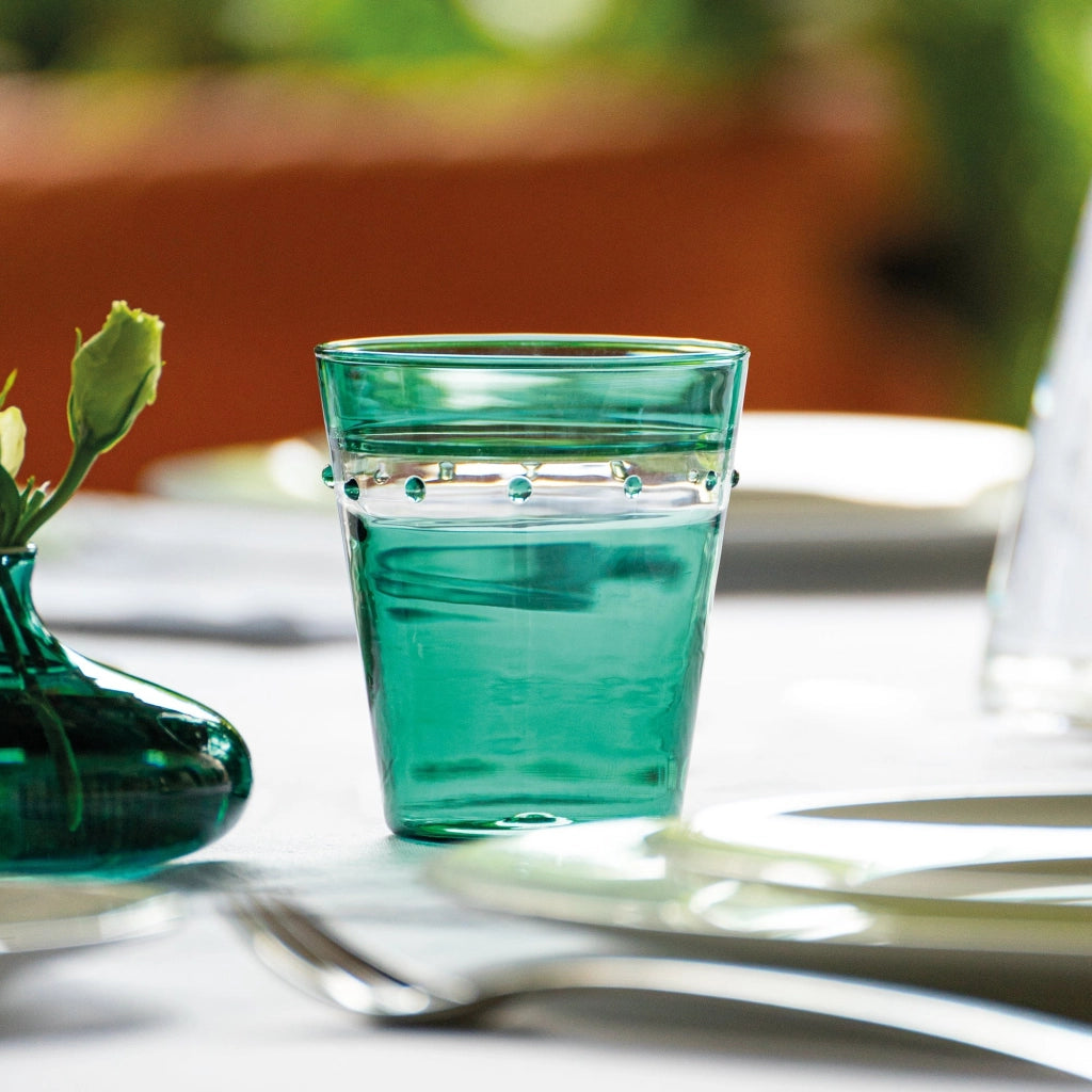 Zafferano Set 4 Bicchieri Tumbler A Pallini in Vetro Borosilicato Soffiato a Mano Colore Verde Lago Design Artigianale Muranese Elegante e Pratico