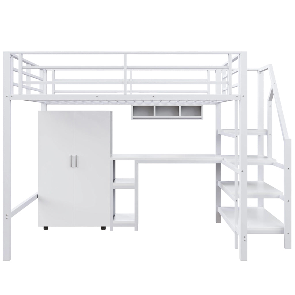 OKWISH Letto a Soppalco 140×200 cm, Letto Matrimoniale con Armadio, Scaffali, Scala con Contenitore e Scrivania, senza Materasso, Bianco
