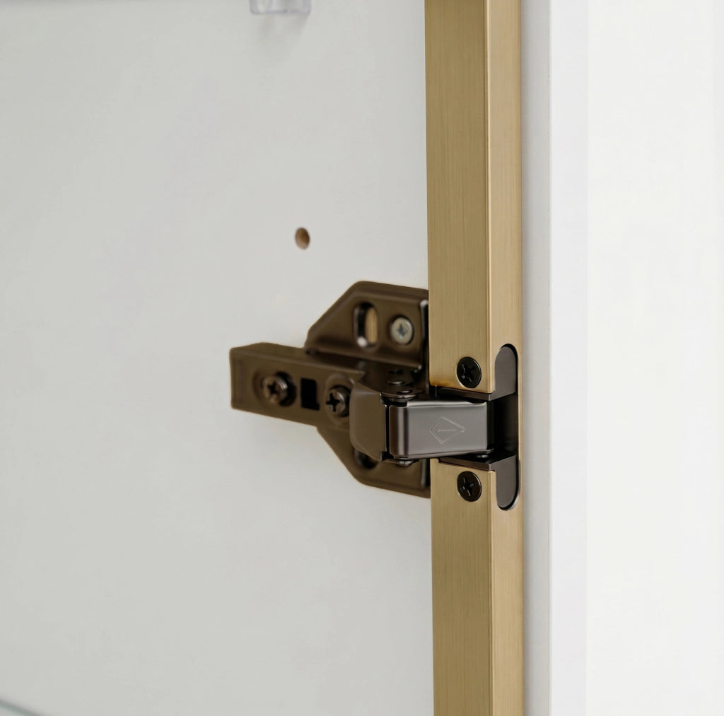 Armadio alto con anta in vetro e cassetto; ripiani regolabili in MDF; bianco e oro