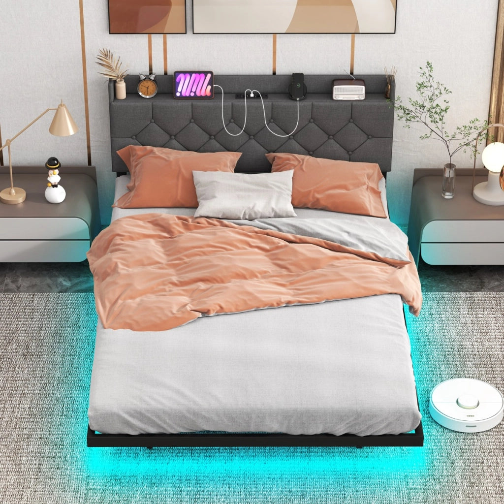 Letto galleggiante con luci LED testiera imbottita regolabile e stazione di ricarica-Giroletto-Base per materasso Grigio 208x144x87cm