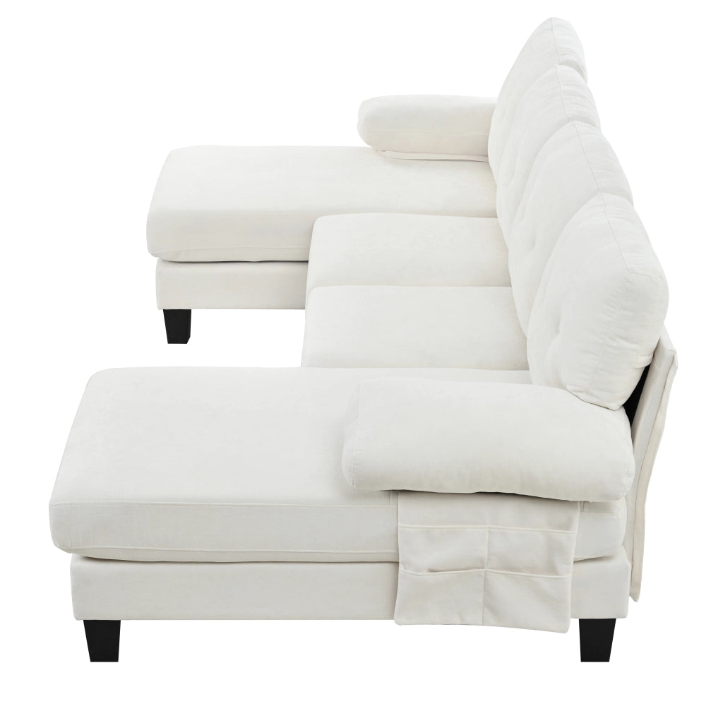 Divano a U con chaise longue bilaterale, tasche laterali e braccioli removibili in chenille beige 268 × 128 × 84 cm