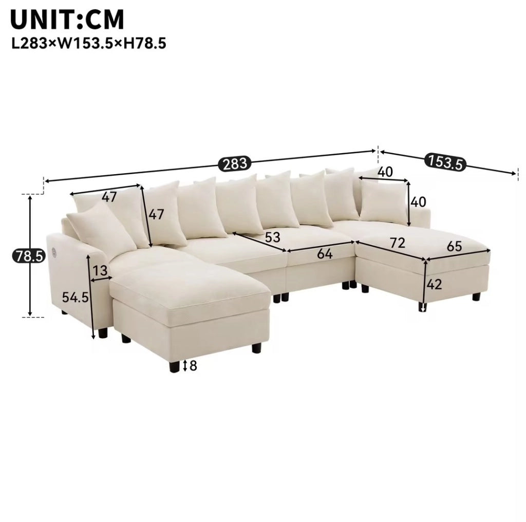 Sofa modulare angolare 6 posti in tessuto chenille beige con USB e Type-C; 283 cm