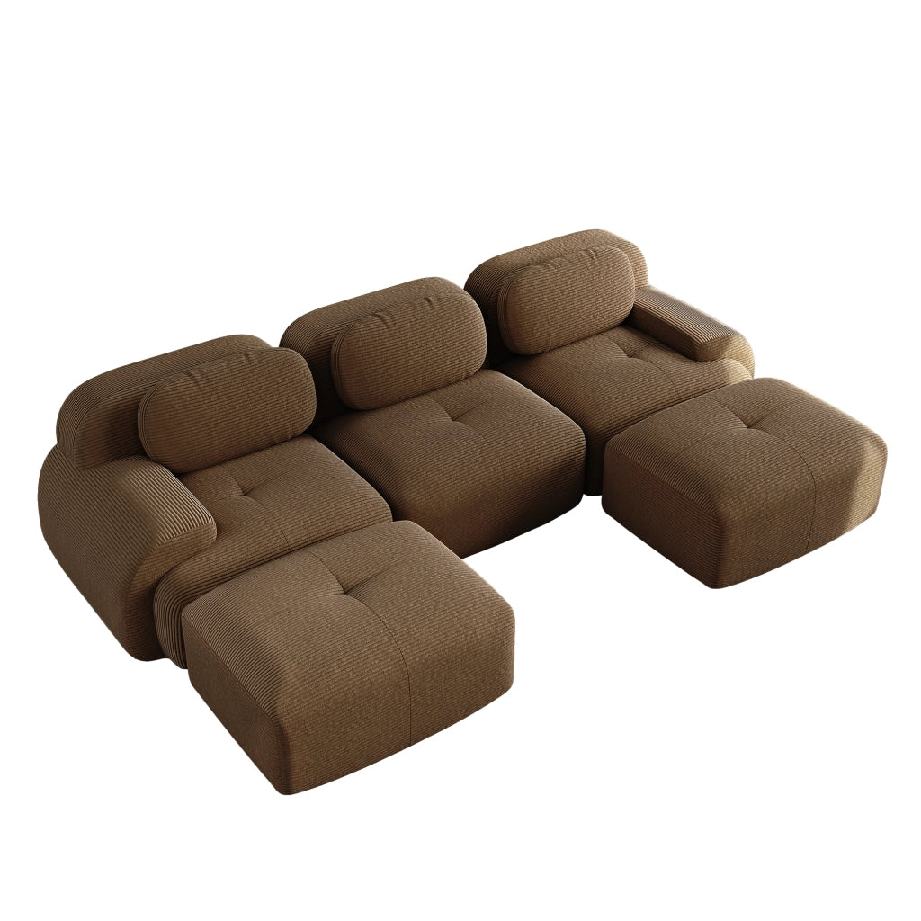 divano angolare modulare senza montaggio con design ergonomico e base antiscivolo in velluto a coste marrone
