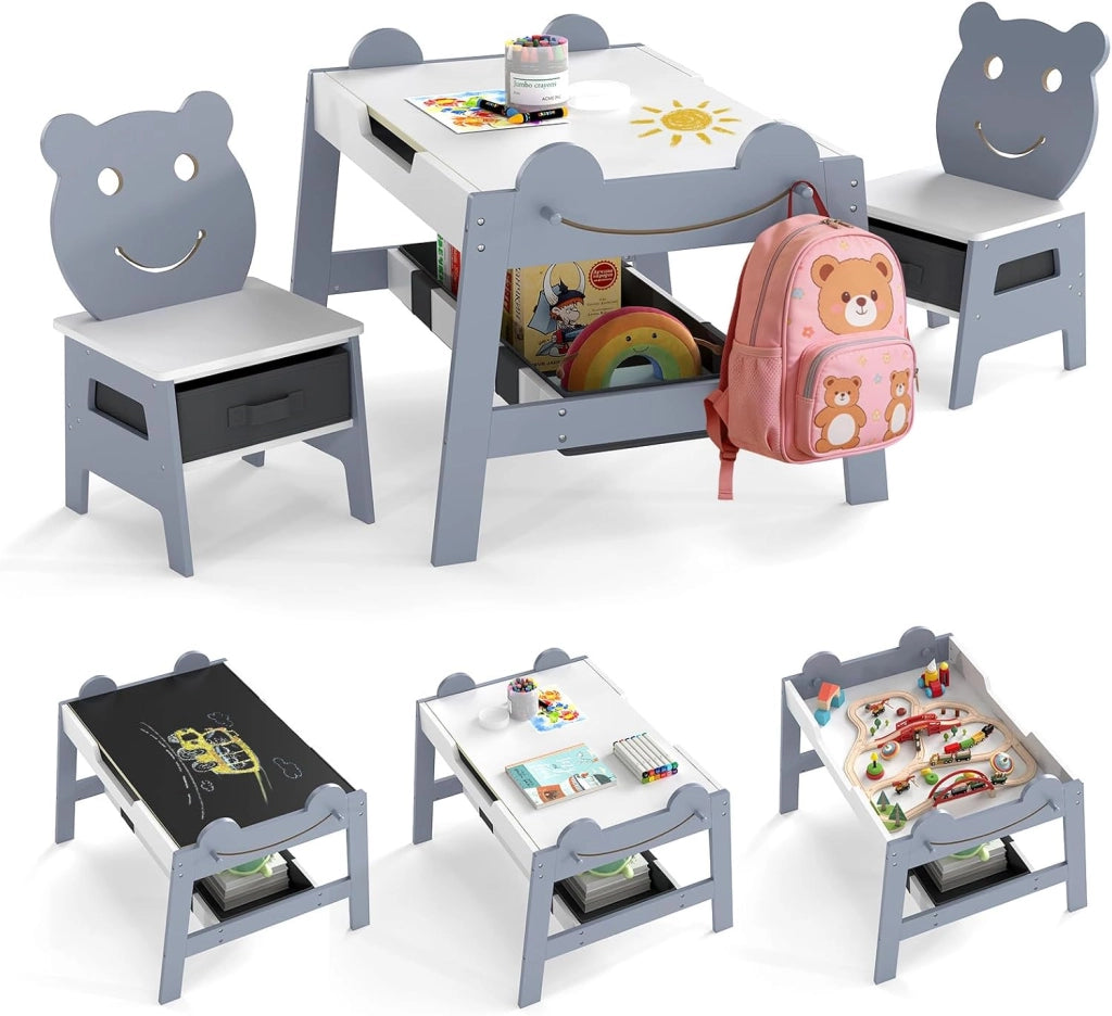 Set Tavolo e 2 Sedie per Bambini, 5 in 1 Tavolino e Sedie con 4 Ganci, 3 Scatole in Tessuto e Lavagna Reversibile per Bambini 3+ Anni per Cameretta Ragazzi (Grigio, Stile 5)