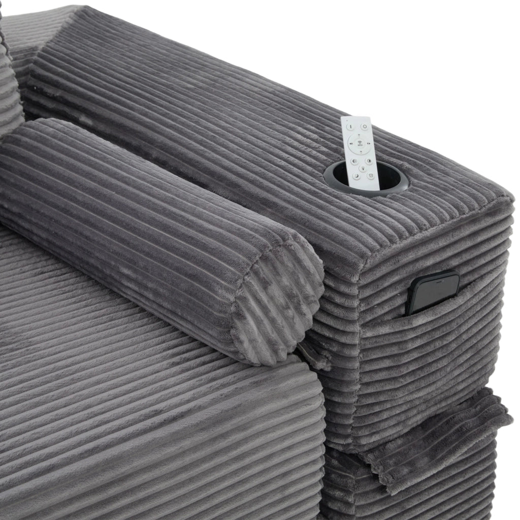 Divano letto modulare in tessuto a coste con tasche laterali, portabicchieri e cuscini memory grigio scuro