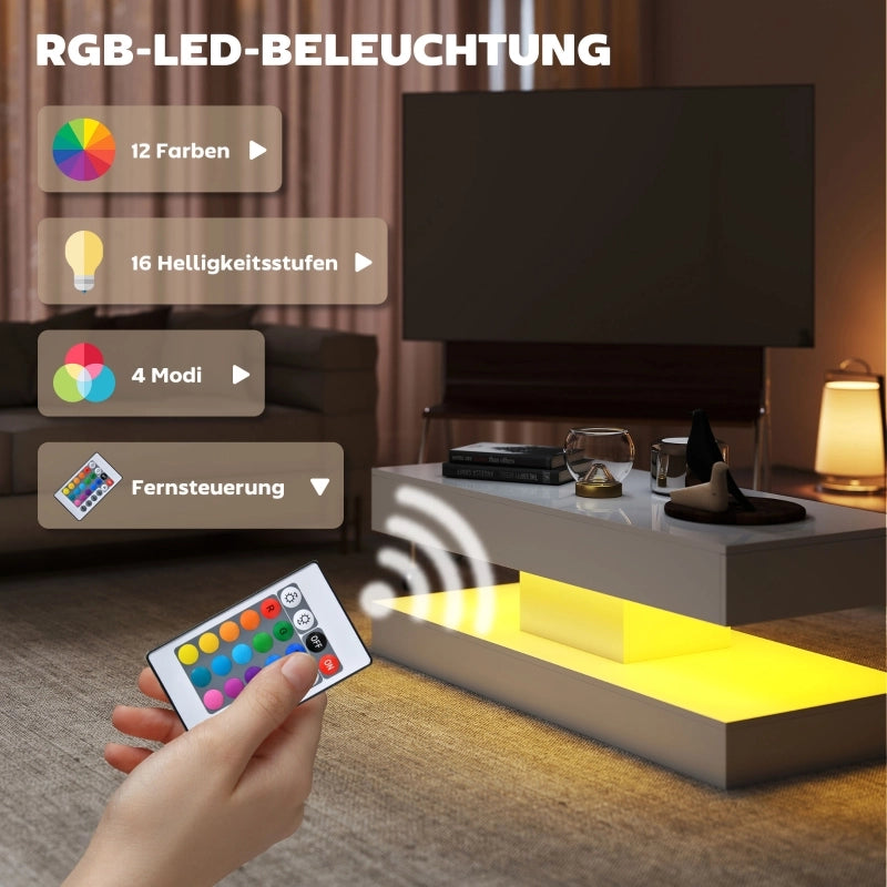 TAVOLO da salotto 120x50x42 cm bianco lucido con LED e 2 cassetti