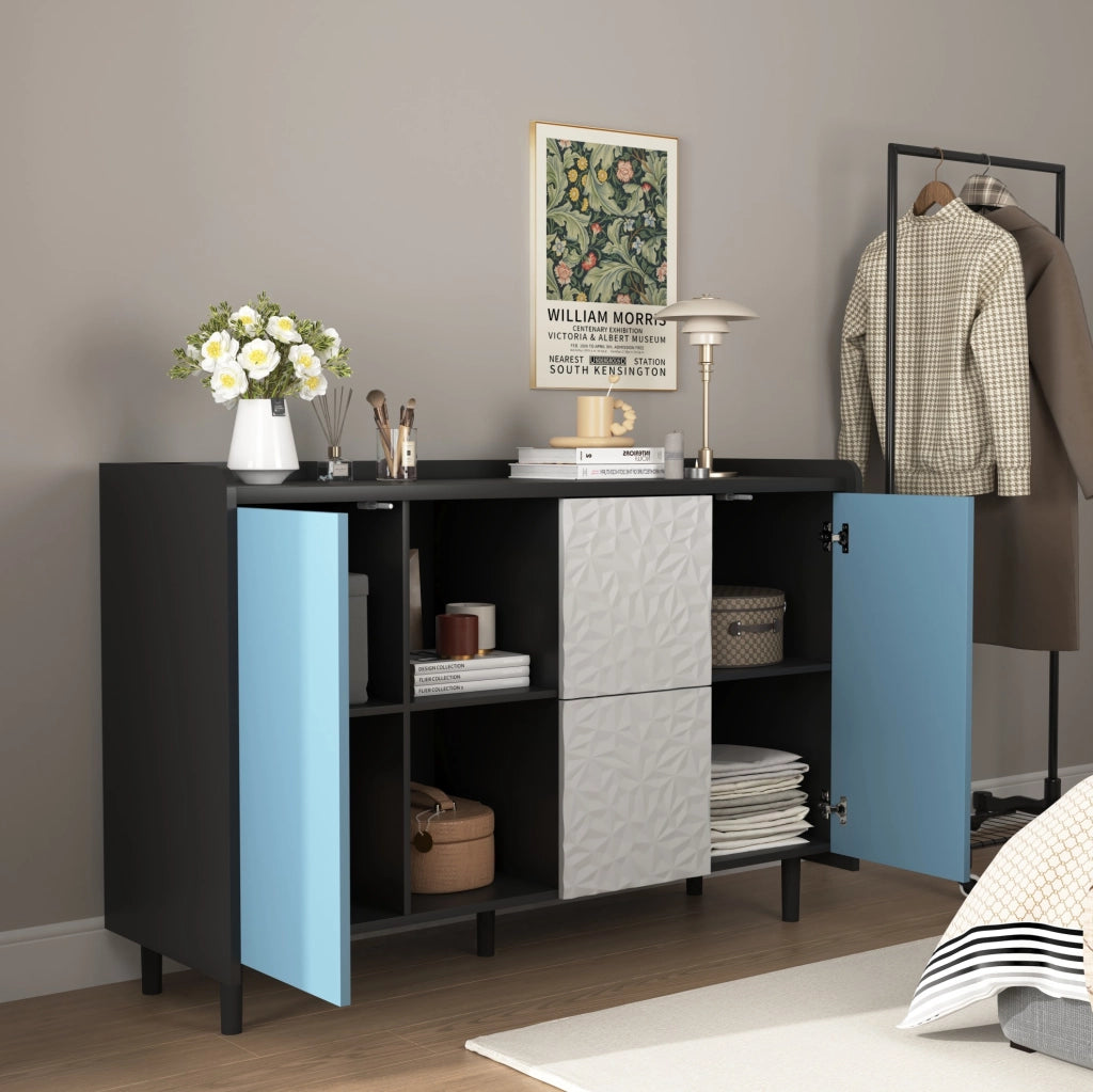 Credenza 120x40x80 cm con 2 cassetti e vano chiuso; MDF nero e blu