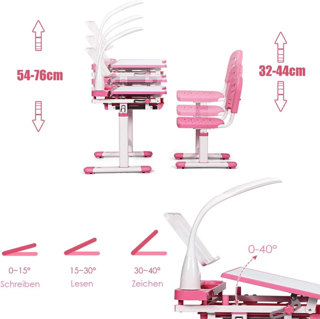 Scrivania per Bambini con Sedia, Tavolo con Lampada, Cassetto e Ripiano di Lettura Inclinabile, Regolabili in Altezza e Schienale, per Studio/Pittura, Carico di 80kg, 66x47x54-76cm (Rosa)