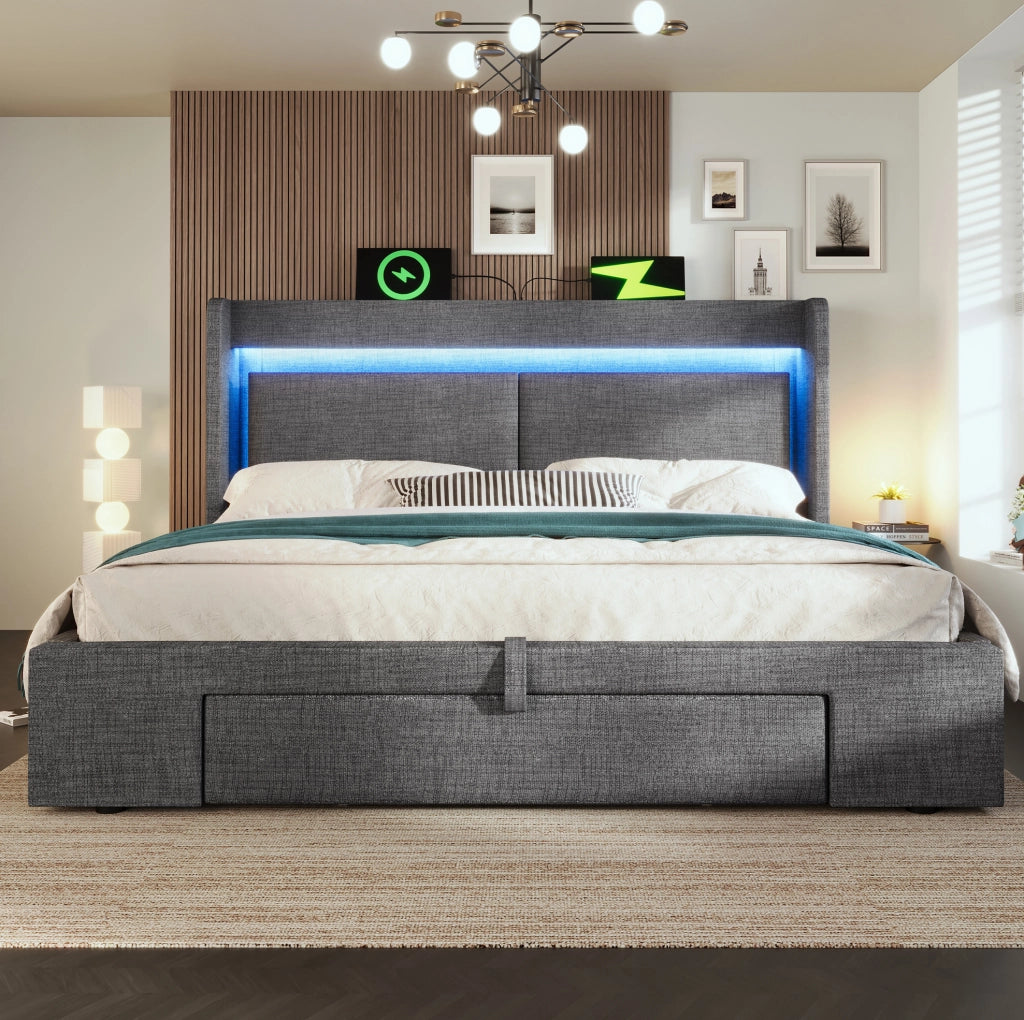 Letto imbottito 140x200 cm con LED, USB-C e vano idraulico