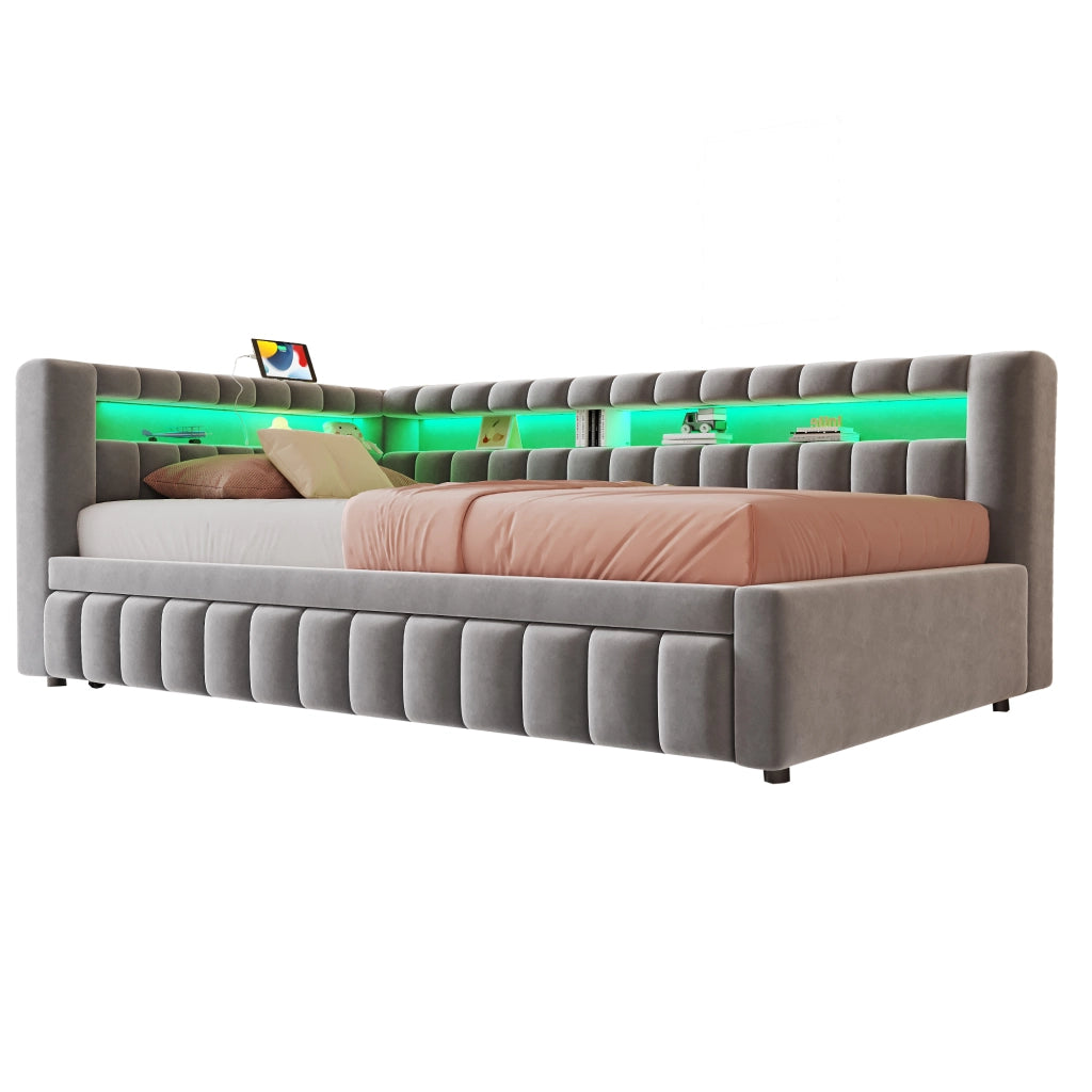 OKWISH Letto a Divano 90×200 cm, Letto Singolo con Letto Estraibile, LED Regolabile, USB, Tipo C e Mensole, senza Materasso, Grigio Chiaro