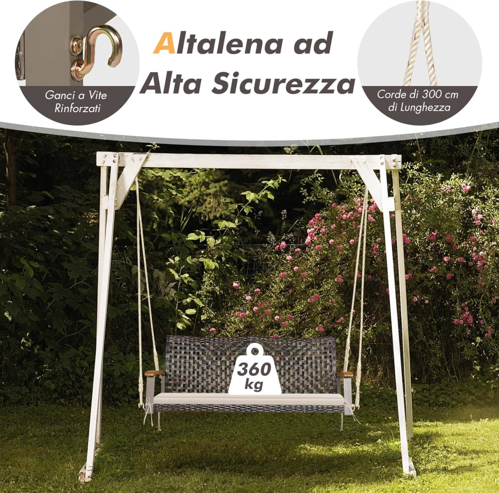 Dondolo Sospeso per Esterno a 2 Posti, Altalena da Giardino con Cuscino, Sedia Sospesada Gairdino con Braccioli, per Portico, Capacità di carico di 360 kg (Bianco)