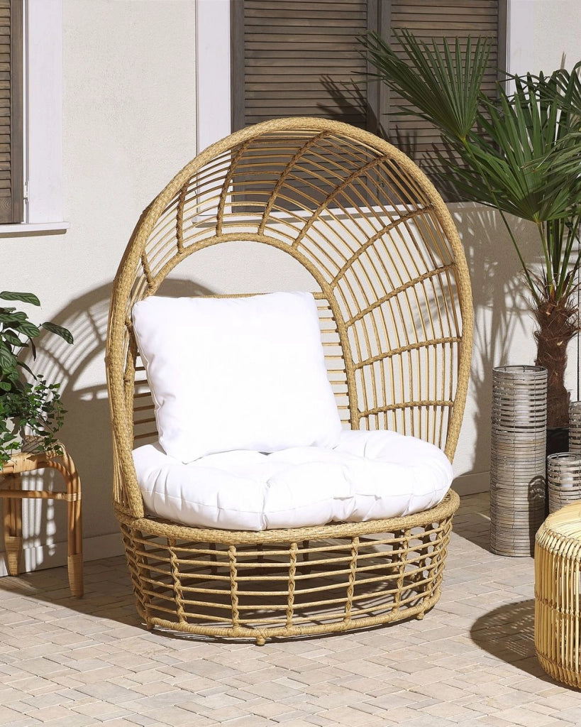 Sedia Cestino Beige Rattan Cuscino Seduta Schienale Alto Boho Terrazza Soggiorno
