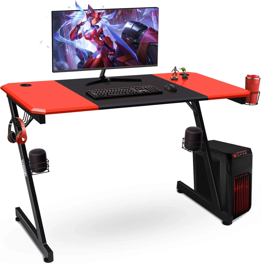 Scrivania Gaming a forma di Z, Scrivania Grande 120x60x76 cm, Scrivania da Gioco con Supporto per Bevande, Tavolo per Gaming o Computer, Ergonomica, Nero+Rosso