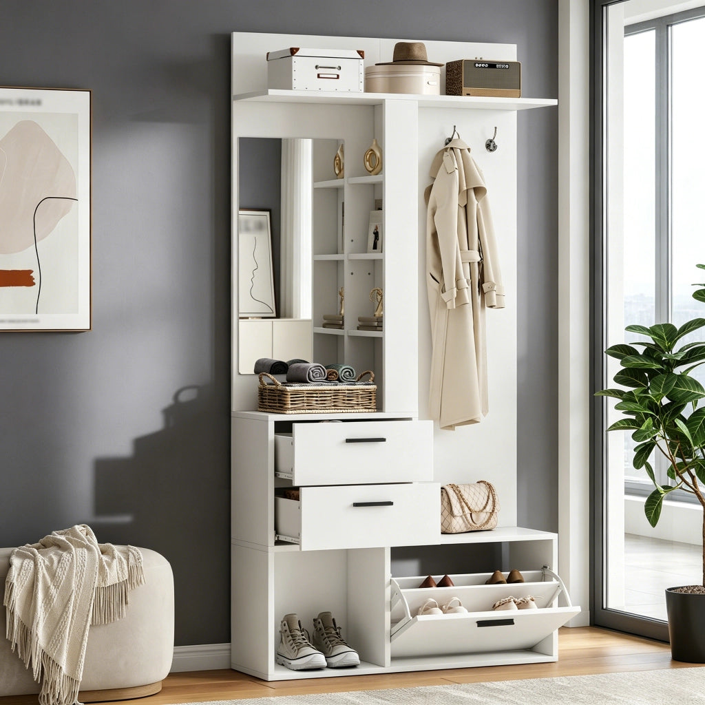 Mobile da ingresso con specchio, 2 cassetti, scarpiera ribaltabile, 3 ganci e ripiani in MDF bianco 90 × 30 × 180 cm