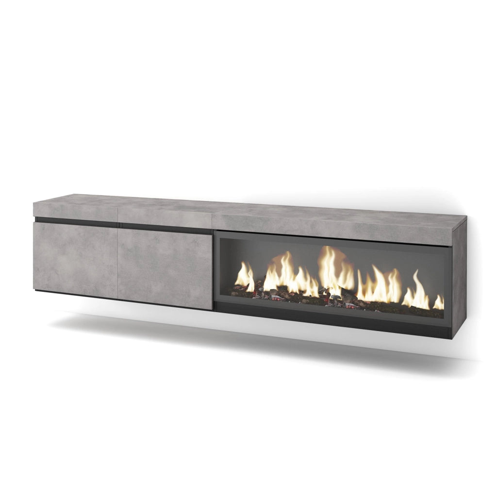 Mobile TV, Soggiorno, 208x35x45cm, Per TV fino a 80", Camino elettrico XXL, da appendere, grigio cemento RF3208
