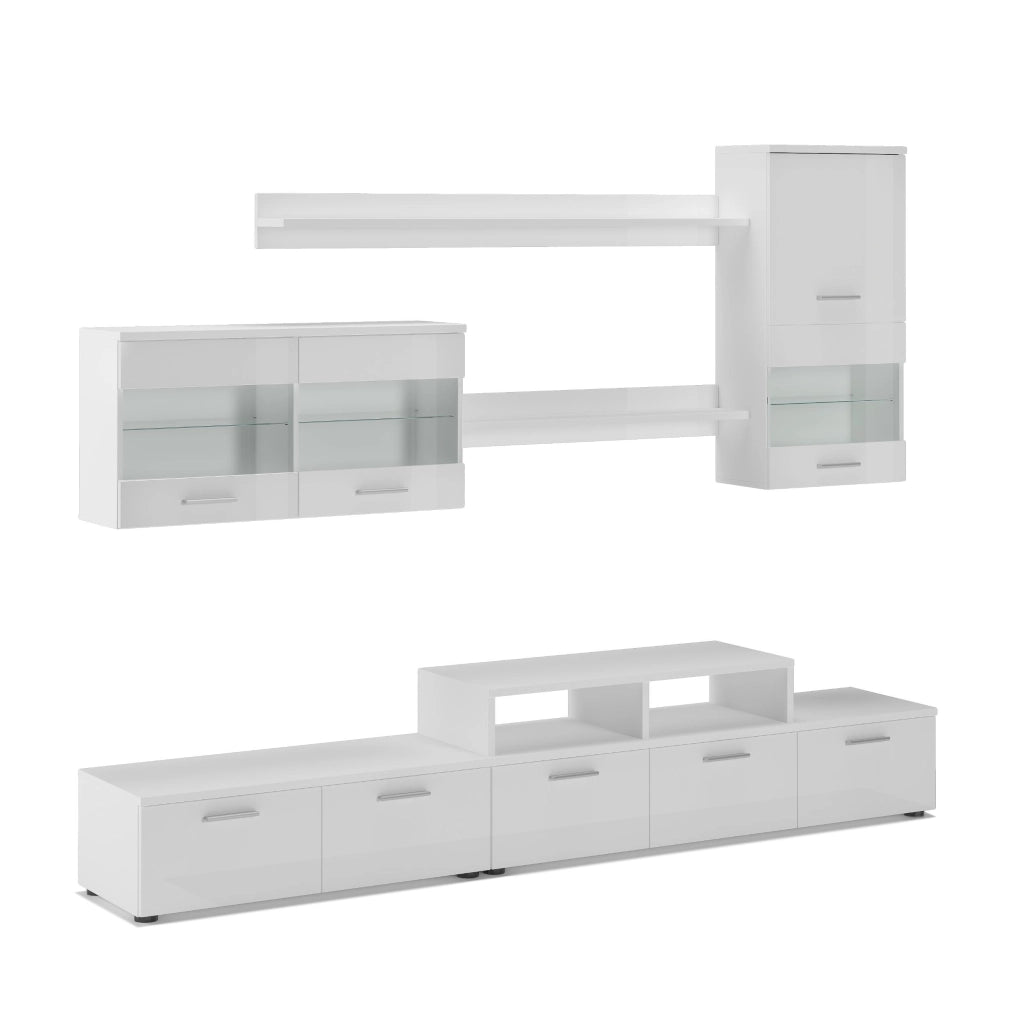 Mobile TV 250x42x194cm Parete da Soggiorno e pranzo contemporaneo colore Bianco Mate e Bianco Laccato  RF546