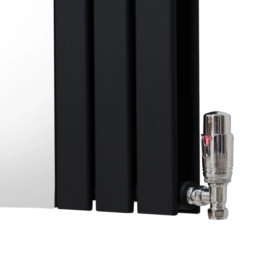 Radiatore a specchio a pannello piatto e valvole TRV cromate Nero 1800 mm x 425 mm