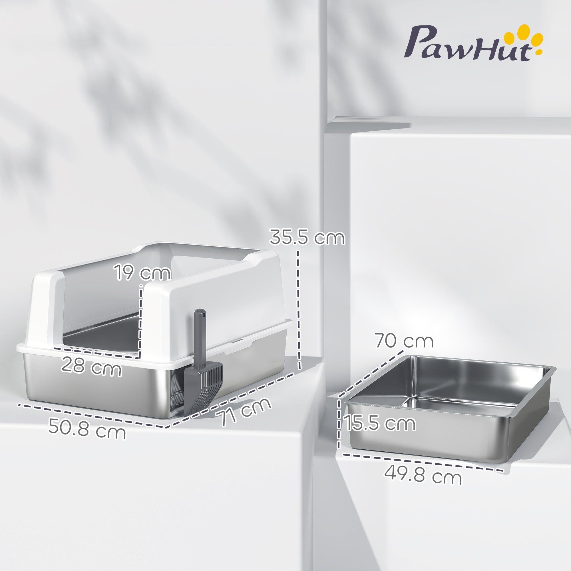 Lettiera per Gatti con Pareti Rialzate 71x50,8x35,5 cm Vassoio in Acciaio Bianco