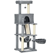 Albero Tiragraffi per Gatti con Pali in Sisal, Casetta, Lettino e Amache, 48x48x140cm, Grigio